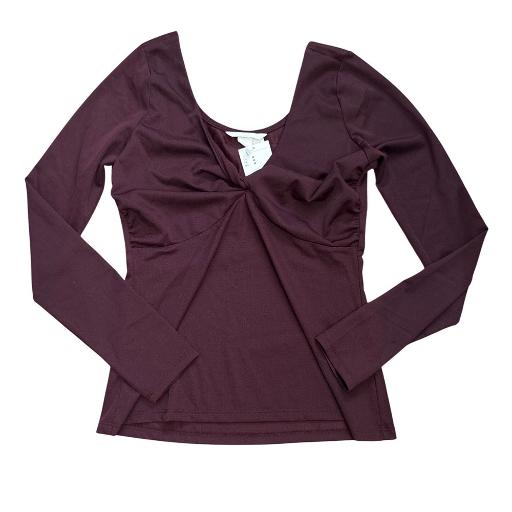 H&M Women Burgundy Purple Shimmer Twist Front Long Sleeve V-Neck Top Size M NWT - Picture 4 of 7
